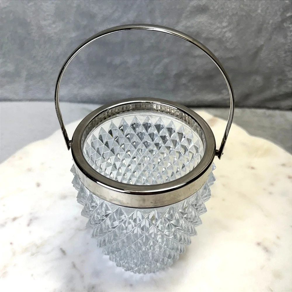 Vintage‎ English Cut Glass Ice Bucket Silver Rim Swing Handle Diamond Point Bar